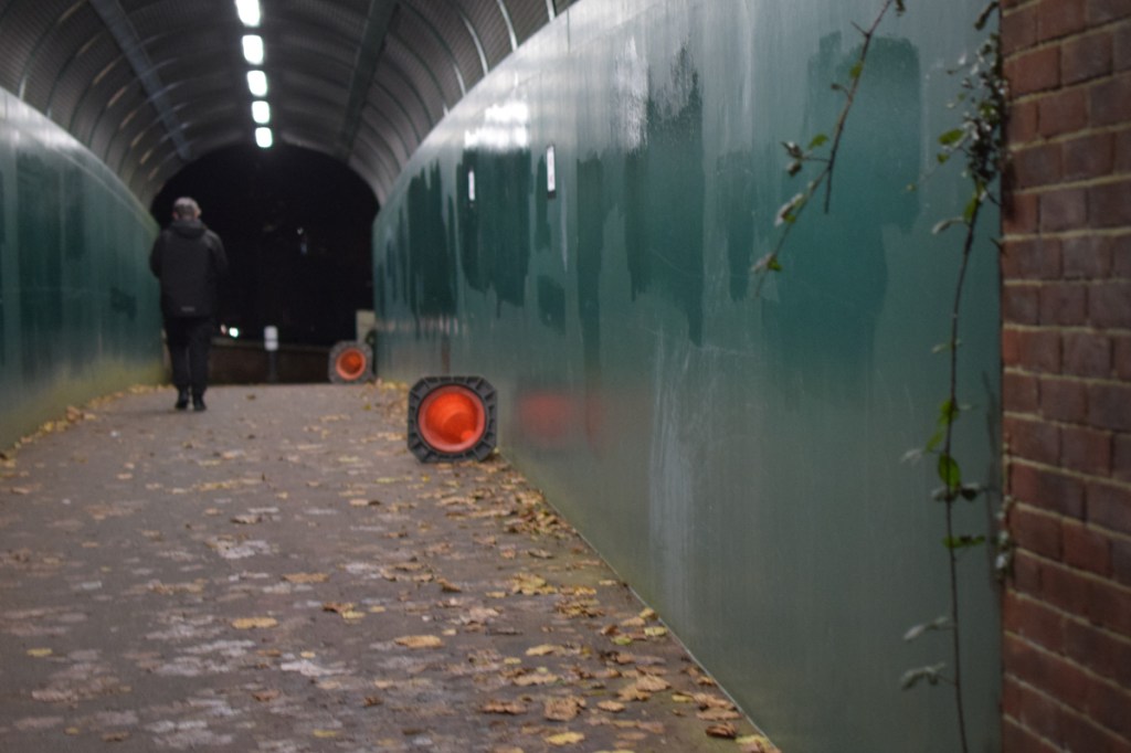 A person walking down a dimly lit tunnel with a green wall, surrounded by fallen leaves and orange traffic cones.